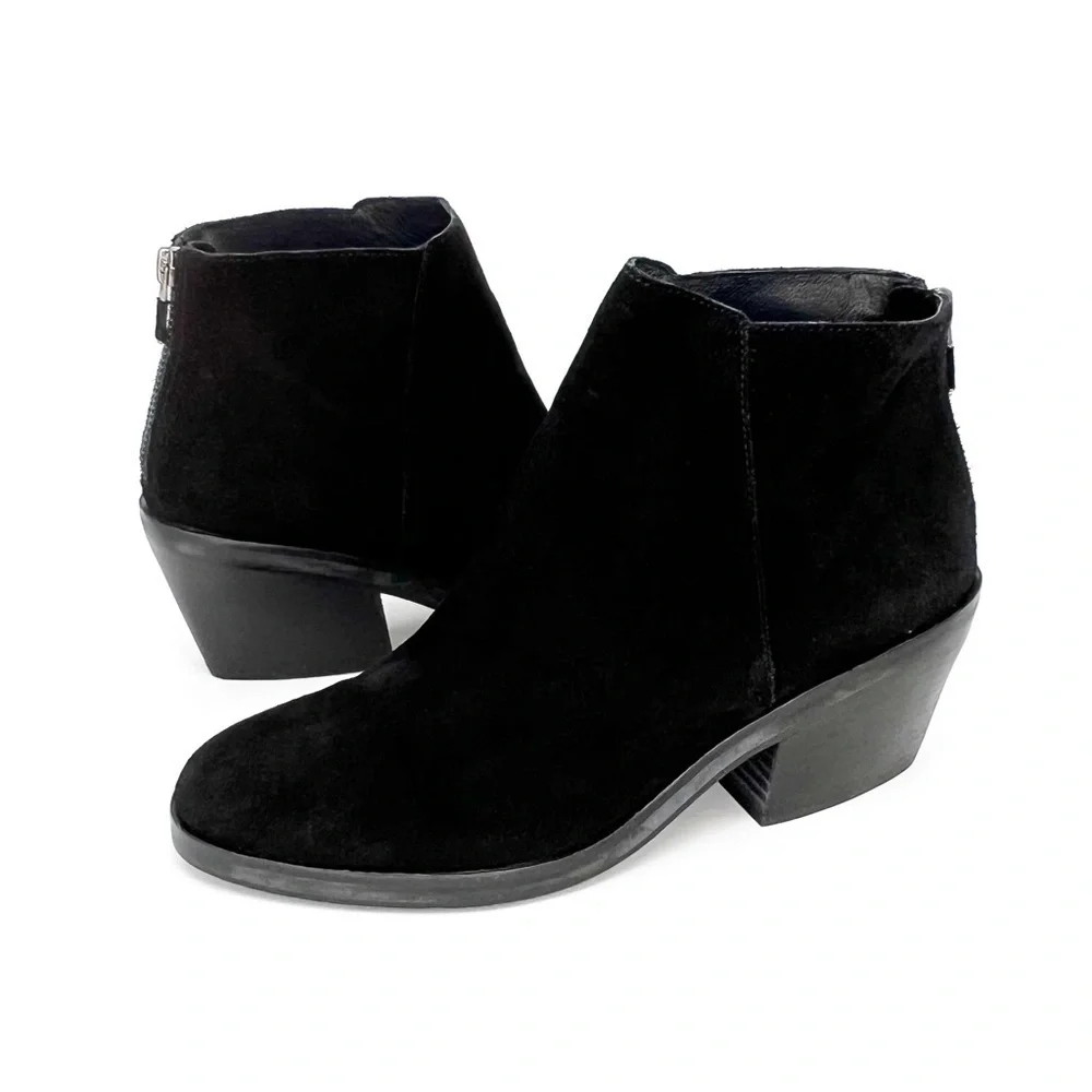 Eileen Fisher Rove Ankle Boots Black Suede Size 8.5 Block-Heel Zip Booties EUC